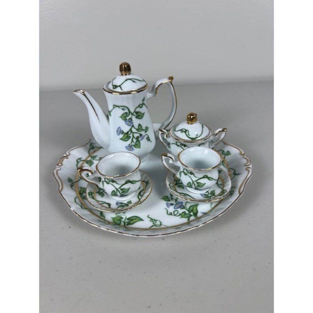 Miniature Porcelain Tea Set 9pc Morning Glory Floral Gold Trim White Blue Green